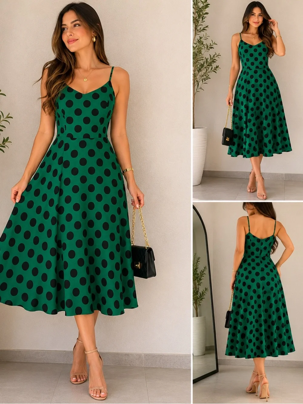 Green Polka Dot Midi Dress with Spaghetti Straps - Picture 1 of 4